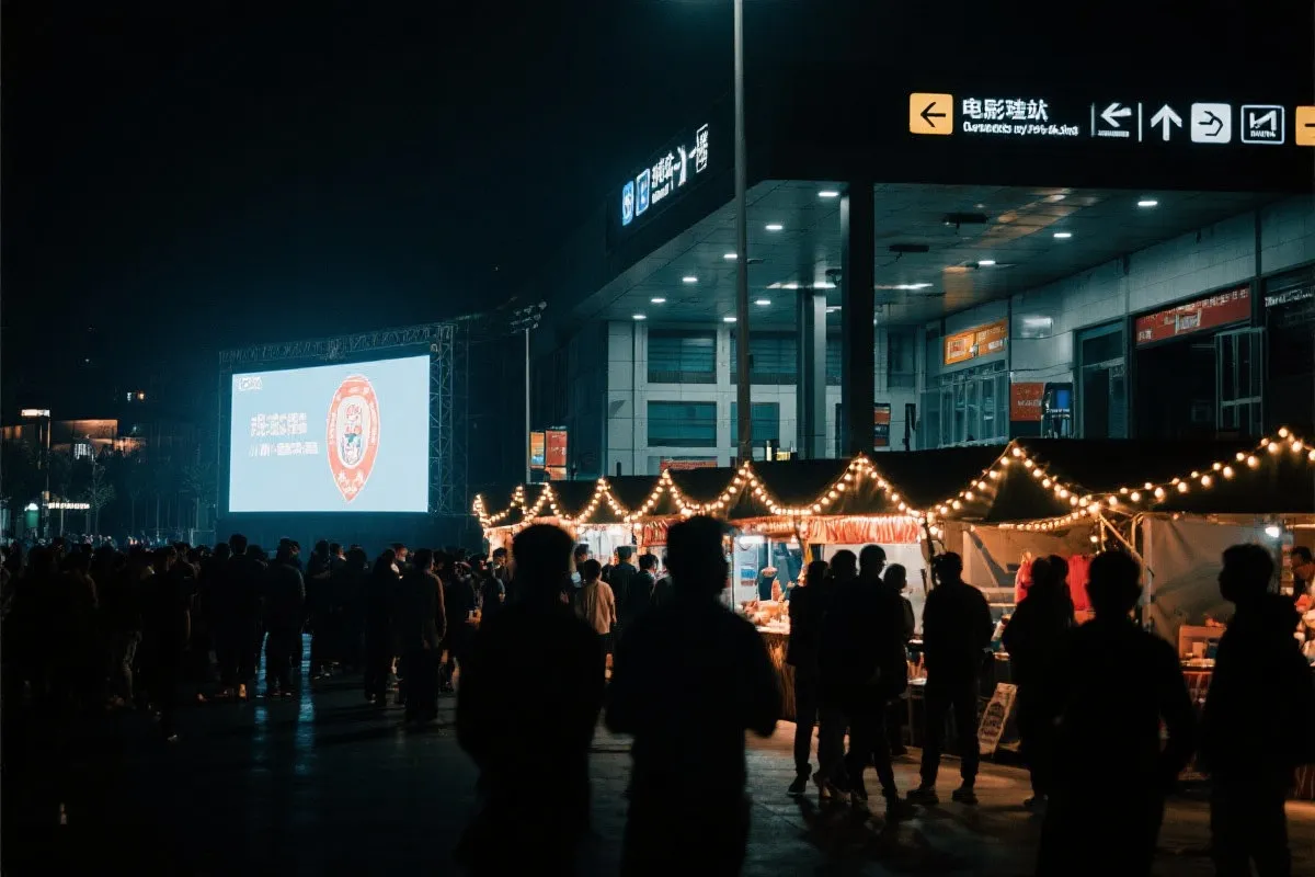 费城球迷广场夜景：大屏观赛人群、步行指示牌与公共交通入口